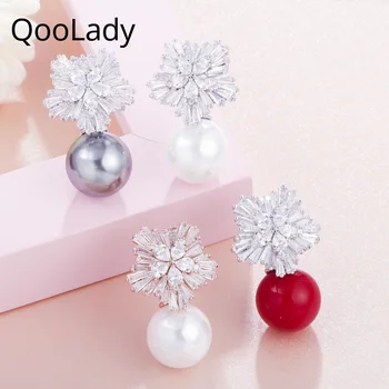QooLady 2020 Horúce Trendy, Krásne Šumivé Biele snehové Vločky Cubic Zirconia Veľké Kamene Perla Stud Náušnice Šperky pre Ženy E001