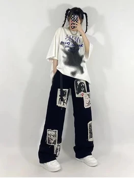 HOUZHOU Grunge, Punk Patchwork Čierne Džínsy Ženy Hip Hop Streetwear Tlač Nadrozmerná Širokú Nohu, Nohavice 90. rokov Vintage Módy Nohavice