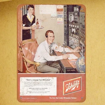 Ročník 1952 Schlitz Pivo a Ham Rádio Kovové Prihlasovacie Panel na Stenu Kovové Plagát