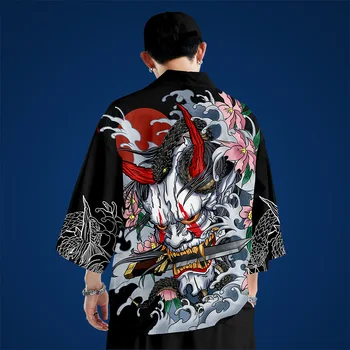 Pánske, dámske Tradičné Japonské Kimono Cardigan Hannya Diabol Série Tričko Letné Japonské Kimono Ostrihané Nohavice Nastaviť