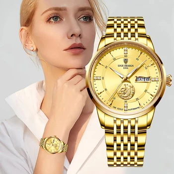 Reloj Mujer LIGE Značky Luxusné Ženy Mechanické Hodinky Módne Dámy Nepremokavé Crystal Automatické náramkové hodinky Svietiace Hodiny+Box