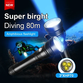 Nový 3*XHP70 Potápačská Baterka Výkonné LED Baterky Svetlo Osvetlenie 800M Nabíjateľná Podvodné Lampa IPX8 Vodotesné Potápanie Svietidla