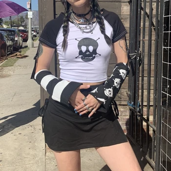 y2k Gotický Kontrast Baby Čaj s Odnímateľnou Reverzibilné Arm Warmers E-dievča Harajuku Grunge Plodín Top Ženy Punk Štýl T-shirt