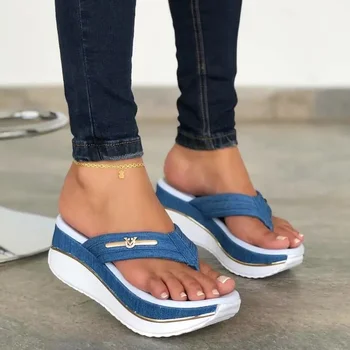 Modré Sandále Ženy Lete Nové Módne Flip Flops Vonkajšie Bežné Platformu Sandále Dámske Plus Veľkosť Kliny Pláži Papuče Muje