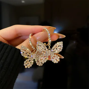 FYUAN Nový Štýl Zlatý Motýľ Zirkón Crystal Visieť Náušnice pre Ženy, Modrá Drahokamu Svadby Strany Príslušenstvo Šperky