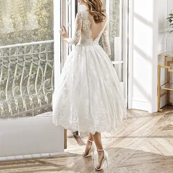 Svadobné Biele Čipky Šaty dámske jednofarebné Dlhým rukávom Riadok Módne Kvetinový Coral Bridesmaid, Party Šaty Elegantné Vestidos