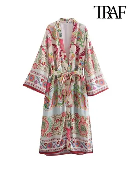 TRAF Ženy Módny Pás Vytlačené Otvoriť Kimono Šaty Vintage Dlhý Rukáv Split Lem Ženské Šaty Vestidos Mujer