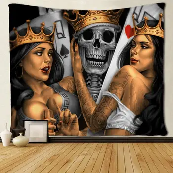 Hracie Karty Kráľ Lebky a Kráľovná Ženy Zábavné Tapisérie Hippie Umenie Stene Visí