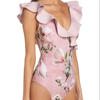 Ružová jednodielne Plavky, Módne Prehrabať Bikini Set tvaru Kvetinovým tlače Plavky a zakryť Ženy plavky Letné Plážové oblečenie