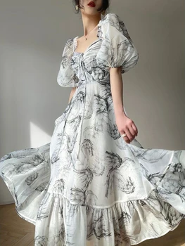 HOUZHOU Elegantné Šaty pre Ženy Lete Bežné Vintage Dlhé Šaty Atrament Maľovanie Šifón Lístkového Rukáv Fashion Žena Sundress