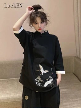 Čína Tradičné Príležitostné Voľné Ženy Hanfu Black Topy Nastaviť Harajuku Vintage Čínsky Štýl, Žeriav Výšivky Krátky Rukáv Tang Oblek