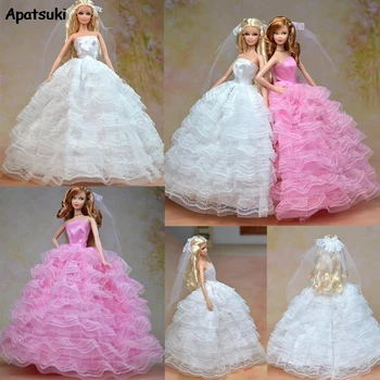7-vrstvy Čipky Formálne Party Šaty Pre Bábiku Barbie Šaty, Svadobné Šaty + Závoj Vestido Oblečenie Pre 1/6 BJD Doll Oblečenie Dom