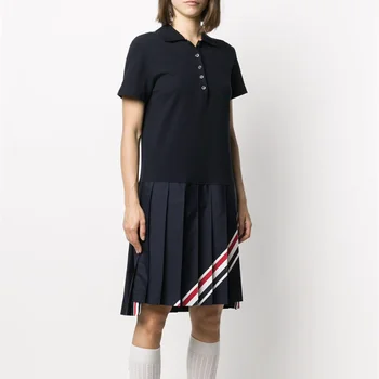 Kórejský TB skladaný šaty dámske letné škole štýl šitie prekladané POLO golier A-line biela midi sukne
