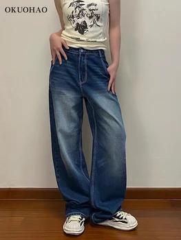 Okuohao Rovno Širokú Nohu, Vintage 90. rokov Džínsy Ženy Vysoký Pás Voľné Umývanie Džínsové Nohavice Y2k Neforemné Bežné Pohodlné Džínsy Streetwear