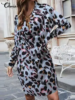 Celmia Ženy Klope Mini Šaty Leopard Vytlačené V Lete Roku 2022 Streetwear Módy Krátke Sundress Kryt Krku Tričko S Dlhým Rukávom Vestido