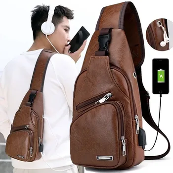 Nepremokavé pánske USB Hrudníka Taška Dizajnér Mužov Messenger Crossbody Package PU Kožené Tašky cez Rameno Balíku Cestovných, Pás Taška