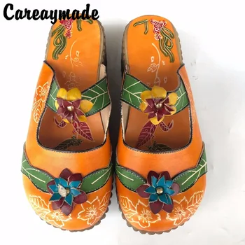 CareaymadeFolk štýl Hlavu vrstva cowhide čisto ručne Vyrezávané topánky,retro umenia mori dievča, topánky,dámske módne bežné papuče