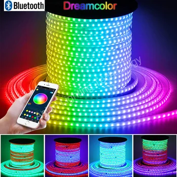 220V Bluetooth Smart LED Pásy Svetla Dreamcolor Naháňa Účinok Flex Páska Strip RGB Viacerých Farbu Meniace LED Svetlá, Hudba Sync