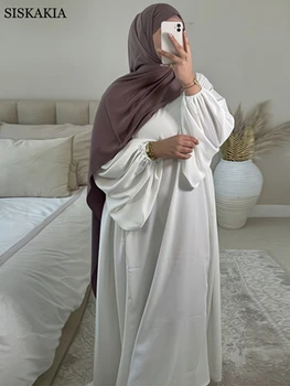 Siskakia Pevné Voľné Moslimských Abaya Šaty pre Ženy, Dubaj Turecko Arabských Omán Maroko Kaftane O Krk Veľké Rukáv Islamské Oblečenie Biela