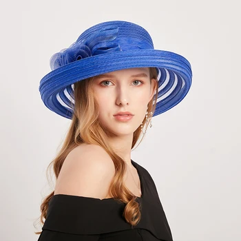 2022 Nové Letné Elegantné Flower Sun Hat Lady Fedora Klobúk Strany Svadobné Cirkvi Klobúk Ženy Curl Okraj Cloche Anti-UV Pláž Cap