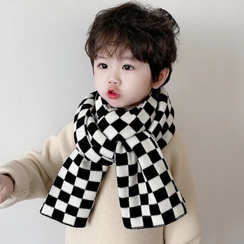 Šachovnica detí vlna pletený šál kórejský čierna a biela kockovaná deti teplé jesenné a zimné detské chlapcov a dievčatá