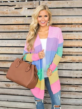 Fitshinling Rainbow Prekladané Dlhý Sveter Sveter Ženy Pletené Oblečenie Farebné Zimné Kabát Knitwear Slim Bežné Bundy Nové