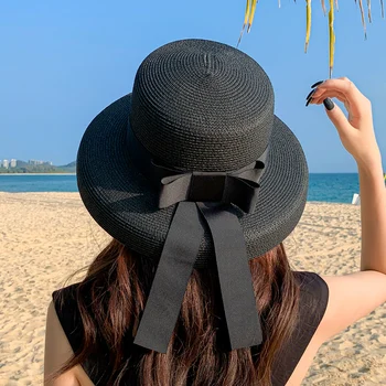 Retro Kolo Top Slamený Klobúk Dámy Slnko Klobúky, Cestovné Dovolenku Clonu Klobúky Vintage Ženy Pláž Hat Čiernej A Bielej Veľkoobchod obrad