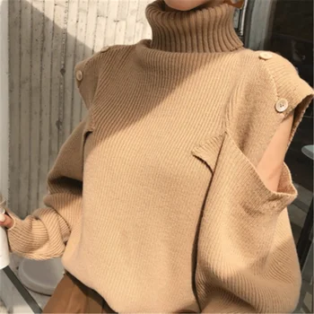 WAVSIYIER ženy sveter vintage jeseň zima 2020 turtleneck pevné, elegantné kórejský duté z split patchwork jumper dámy pullov