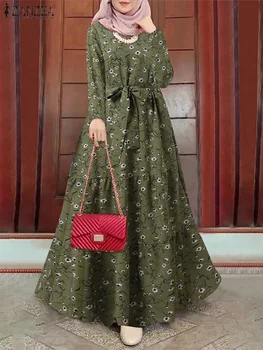 ZANZEA Ženy Vintage Dlhý Rukáv Kvetinový Vytlačené Sundress Župan Femme Moslimských Abaya Islamské Oblečenie Jeseň Šaty Maxi Vestidos