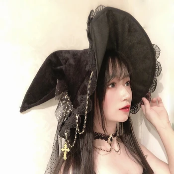 Japonsko Lolita Čarodejnice Klobúk Gotický kúzelná Halloween Kostým Príslušenstvo Rekvizity Vintage čierna Čipka Veľký Luk Cosplay Party Sprievodca klobúk