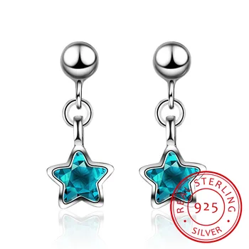 Jednoduché Módy Ocean Blue Crystal Malá Hviezda Strapec Náušnice Pre Ženy 925 Sterling Silver Šperky Najlepší Darček S-E578