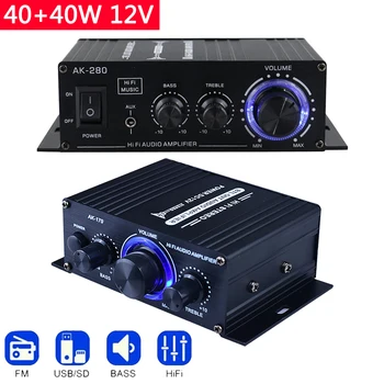 AK280 HIFI Digital Stereo Audio Zosilňovač 2Channel 12V 40 W+40 W Rádio FM Mic Auto Mini Zvuk Amplificador Rada Domáce Kino