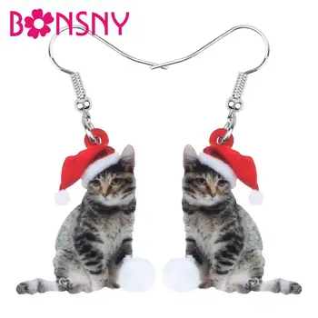 Bonsny Akryl Vianočné Hat Krátke Vlasy Cat Kitten Náušnice Kvapka Visieť Zvierat Šperky Pre Ženy, Dievča Teen Party Dekorácie Darček