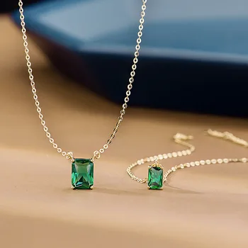 CCFJOYAS 100% Reálne 925 Sterling Silver Obdĺžnik Emerald Náramok /Náhrdelník Šperky Set Valentína Darčeková Sada pre Priateľku