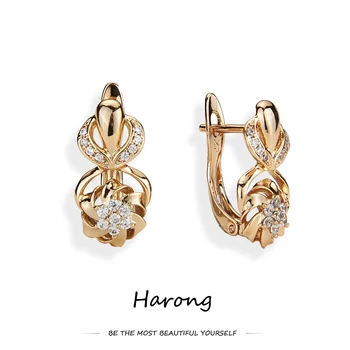 Harong Estetické Ženy Náušnice Kvet Crystal Medi Kovu Zlatej Farby Stud Náušnice Pre Ženu Výročie Svadby Šperky Darček