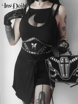 InsDoit Gotický Nit Čierny Pás Ženy Punk Grunge Vintage Módy Motýľ, Vysoký Pás, Streetwear Príslušenstvo Pásy Žena
