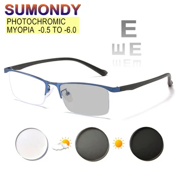 SUMONDY Photochromic Krátkozrakosť Okuliare Predpis -0.5 NA -6.0 Ženy Muži Prispôsobené Zliatiny Pol Rám Nearsighted Okuliare UF125