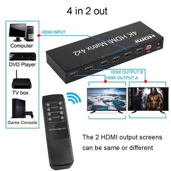 4Kx2K HDMI Matice 4x2 + Audio Extractor HDMI Prepínač Splitter Converter Adaptér s Diaľkovým ovládaním 4 V 2 Z 4K HDTV 1080p DVD