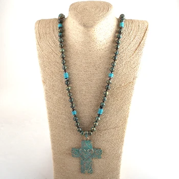 MD Módne Korálkové Šperky 10 mm CCB Perličiek Dlho Viazané Kovovou Blue Cross Prívesok Náhrdelníky Pre Ženy