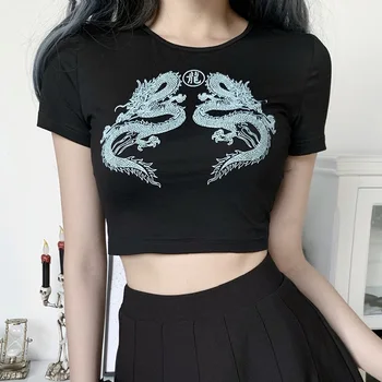 2021 Ženy Krátky Rukáv O Krk Dragon Tlačiť T-shirt Letné Módy Plodín Top pre Nakupovanie na Denné Nosenie
