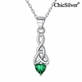 ChicSilver Srdce Tvar Birthstone Náhrdelník pre Ženy 925 Sterling Silver Írsky Keltské Triquetra Trojice Uzol Prívesok Šperky