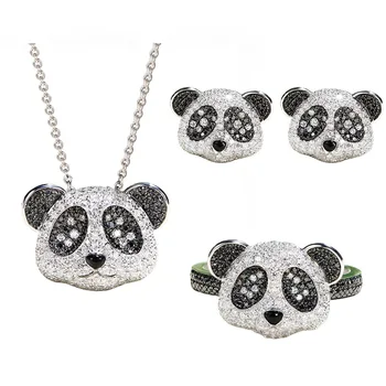 Svetlo luxusné ťažký priemysel dizajn úplné diamond zirkón panda vyhovovali 925 silver roztomilá panda prívesok otvoriť krúžok náušnice žena