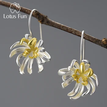 Lotus Zábavu Pôvodnej 18K Zlata Elegantné Chryzantéma Kvet Visieť Náušnice pre Ženy, Skutočné 925 Sterling Silver Strany Jemné Šperky