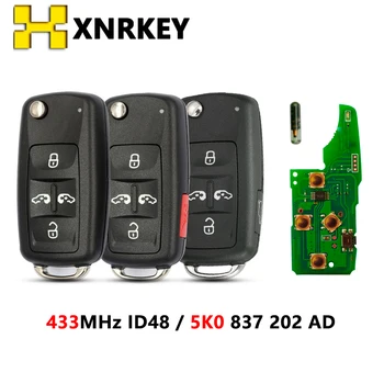 XNRKEY 4Button Auto Flip Diaľkové Tlačidlo ID48 Čip 433Mhz FCC 5K0837202AD pre VW Sharan Multivan T5 Caravelle Kľúča Vozidla