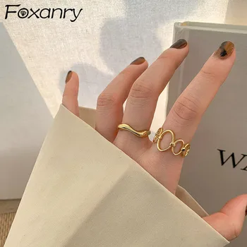 FOXANRY Minimalistický Strieborné Farebné Krúžky pre Ženy Moderný Elegantný Retro Páry Duté Geometrické Strany Šperky Veľkoobchod
