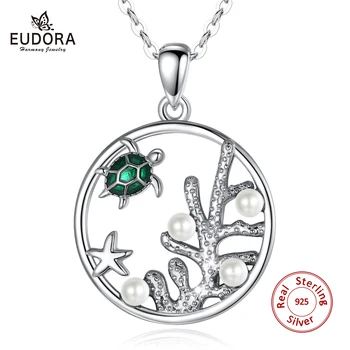 Eudora 925 Sterling Silver morských Rias Tichom morská korytnačka Náhrdelník Prívesok so zeleným Smalt Plavidlá Perly jemné Šperky pre ženy D593