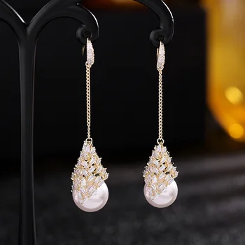 SINZRY luxusné strany šperky accesory fashoin simulované pearl zirkón bling visieť náušnice pre ženy