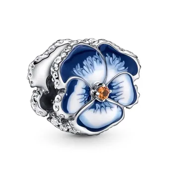 Autentické 925 Sterling Silver Momenty Modrá Pansy Kvet S Krištáľovo Kúzlo Perličiek Fit Pandora Náramok & Náhrdelník Šperky