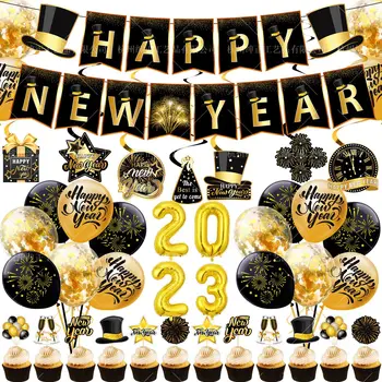 Šťastný Nový Rok Dekor Šťastný 2023 Nový Rok Čierneho Zlata Banner Balón Caketopper Šťastný Nový Rok Fandiť Na 2023 Party Dekor Dieťa Prospech
