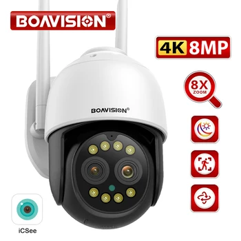 BOAVISION HD 8MP Duálny Objektív WIFI Kamera PTZ 8X Digitálny Zoom 4K AI humanoidný Auto Tracking Zoom Vonkajšie Audio iCSee Bezpečnostné Kamery